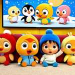 A diverse group of young children (ages 3-6) gathered intently around a screen, their faces lit with joy and fascination as they watch Pororo the Little Penguin. Some children are gently mimicking Pororo's playful gestures or clutching Pororo plush toys, reflecting a deep emotional connection and immersion. The atmosphere is warm, innocent, and highly engaging, highlighting Pororo's universal appeal and ability to captivate young minds. The scene is set in a cozy, vibrant children's playroom.