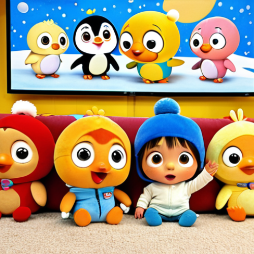 A diverse group of young children (ages 3-6) gathered intently around a screen, their faces lit with joy and fascination as they watch Pororo the Little Penguin. Some children are gently mimicking Pororo's playful gestures or clutching Pororo plush toys, reflecting a deep emotional connection and immersion. The atmosphere is warm, innocent, and highly engaging, highlighting Pororo's universal appeal and ability to captivate young minds. The scene is set in a cozy, vibrant children's playroom.