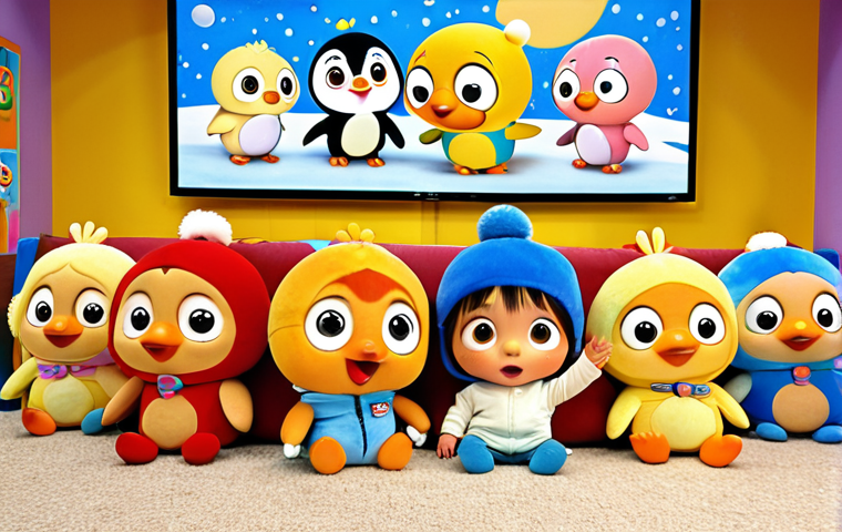 A diverse group of young children (ages 3-6) gathered intently around a screen, their faces lit with joy and fascination as they watch Pororo the Little Penguin. Some children are gently mimicking Pororo's playful gestures or clutching Pororo plush toys, reflecting a deep emotional connection and immersion. The atmosphere is warm, innocent, and highly engaging, highlighting Pororo's universal appeal and ability to captivate young minds. The scene is set in a cozy, vibrant children's playroom.