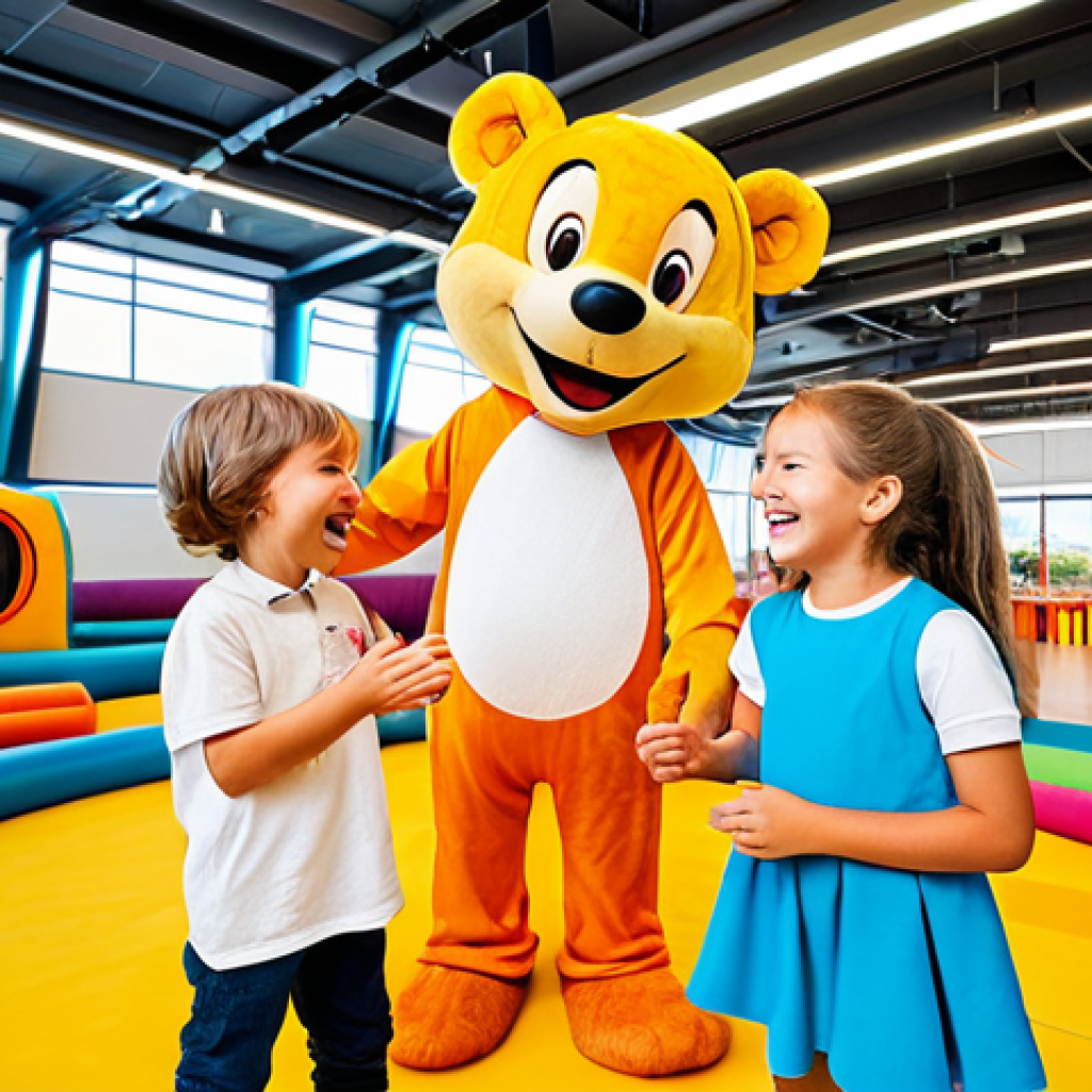 A group of cheerful children, aged 5-7, in modest, bright casual clothing, engaging playfully with two friendly, fully clothed mascot characters in an immersive, colorful children's event space. The environment features soft, rounded play structures and vibrant themed decorations. The children are laughing and interacting naturally, their faces filled with wonder.
* **Quality modifiers**: Professional photography, bright natural lighting, high resolution, sharp focus, vibrant colors, realistic detail.
* **Safety & Anatomy**: safe for work, appropriate content, fully clothed, family-friendly, perfect anatomy, correct proportions, natural pose, well-formed hands, proper finger count, natural body proportions.