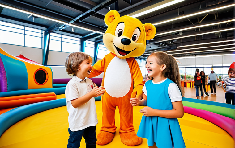 A group of cheerful children, aged 5-7, in modest, bright casual clothing, engaging playfully with two friendly, fully clothed mascot characters in an immersive, colorful children's event space. The environment features soft, rounded play structures and vibrant themed decorations. The children are laughing and interacting naturally, their faces filled with wonder.
    *   **Quality modifiers**: Professional photography, bright natural lighting, high resolution, sharp focus, vibrant colors, realistic detail.
    *   **Safety & Anatomy**: safe for work, appropriate content, fully clothed, family-friendly, perfect anatomy, correct proportions, natural pose, well-formed hands, proper finger count, natural body proportions.