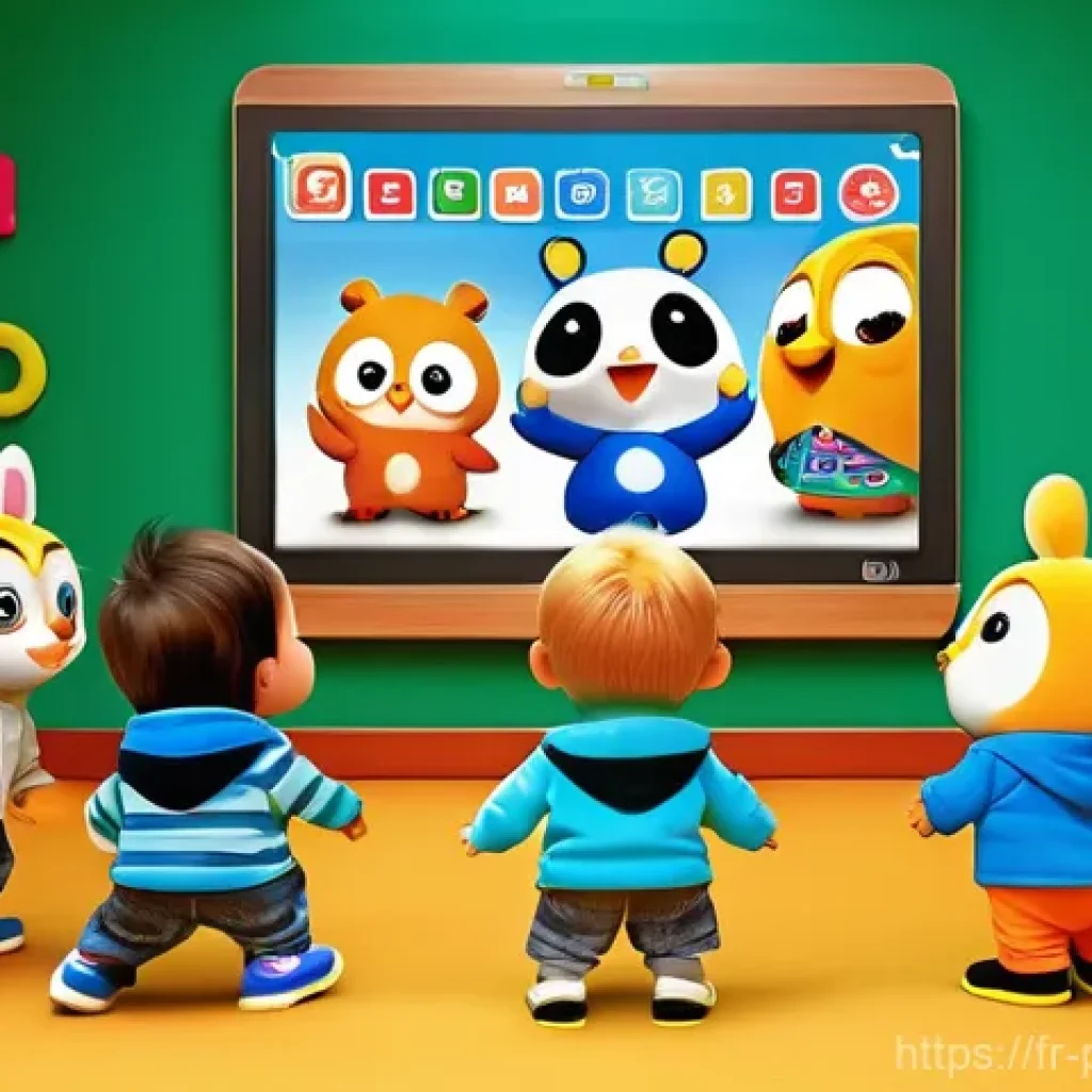 뽀로로 관련 게임과 앱 소개 - **"A group of diverse children, aged 4-6, are joyfully gathered around a large, brightly colored int...