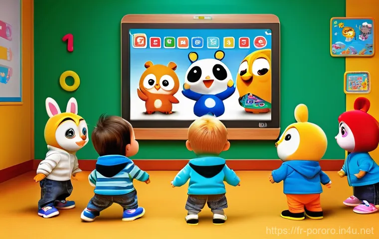 뽀로로 관련 게임과 앱 소개 - **"A group of diverse children, aged 4-6, are joyfully gathered around a large, brightly colored int...