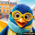 뽀로로 브랜드 가치 분석 - A charming blue cartoon penguin mascot wearing bright yellow goggles and a cozy scarf, smiling warml...