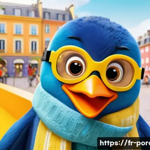 뽀로로 브랜드 가치 분석 - A charming blue cartoon penguin mascot wearing bright yellow goggles and a cozy scarf, smiling warml...