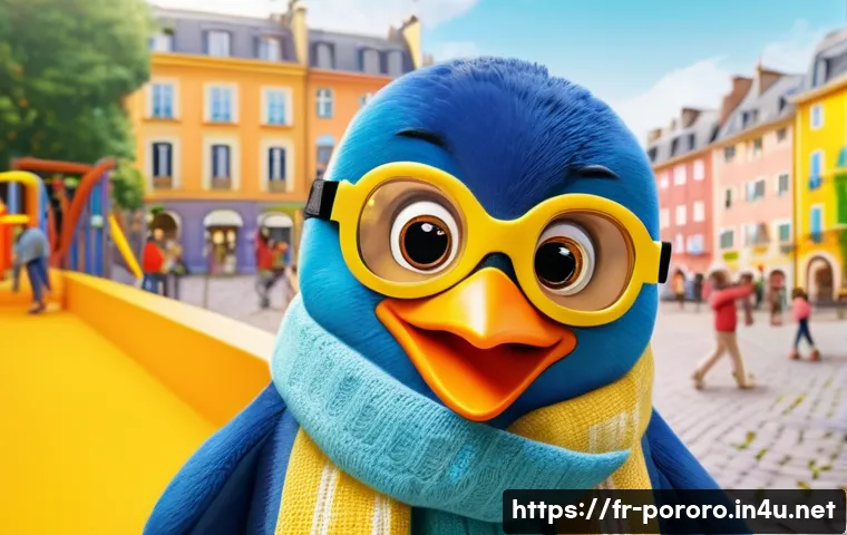 뽀로로 브랜드 가치 분석 - A charming blue cartoon penguin mascot wearing bright yellow goggles and a cozy scarf, smiling warml...