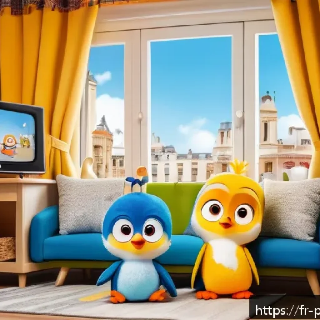 뽀로로 방송 채널과 방영 시간 - A cozy French family living room scene during morning time, with a large modern TV displaying a colo...