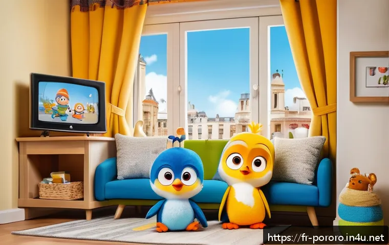 뽀로로 방송 채널과 방영 시간 - A cozy French family living room scene during morning time, with a large modern TV displaying a colo...
