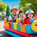 뽀로로 테마파크 할인 정보 - A vibrant family amusement park scene in France during summer, featuring colorful gentle rides desig...