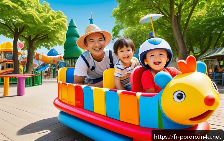 뽀로로 테마파크 할인 정보 - A vibrant family amusement park scene in France during summer, featuring colorful gentle rides desig...