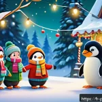 뽀로로의 첫 방영일과 시청률 - A vibrant and enchanting winter landscape featuring a playful cartoon penguin wearing colorful winte...