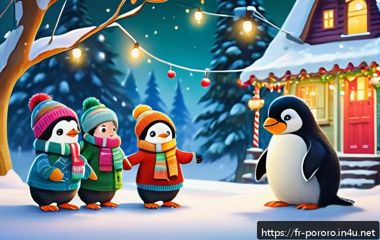 뽀로로의 첫 방영일과 시청률 - A vibrant and enchanting winter landscape featuring a playful cartoon penguin wearing colorful winte...