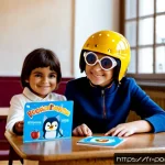 뽀로로 학습 콘텐츠로 영어 배우기 - Photorealistic French preschool classroom, a cheerful blue penguin learning mascot wearing round avi...