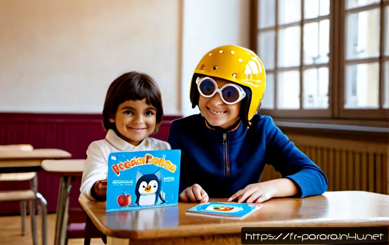 뽀로로 학습 콘텐츠로 영어 배우기 - Photorealistic French preschool classroom, a cheerful blue penguin learning mascot wearing round avi...